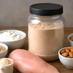 Słoik z proszkiem, jogurt, płatki owsiane, ciecierzyca, migdały, pierś kurczaka i tofu – naturalne źródła białka, co zamiast odżywki białkowej.