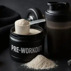 Pojemnik z napisem "PRE-WORKOUT", miarka proszku i shaker. Uważaj na przedtreningówka skutki uboczne, by trening był bezpieczny.