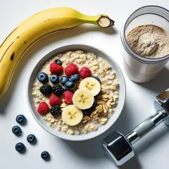 Idealne węglowodany przed treningiem: owsianka z owocami, banan, odżywka białkowa i hantle.