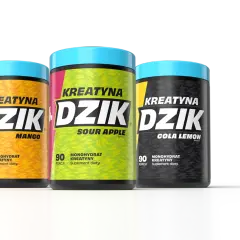 Trzy opakowania kreatyny "Dzik" o smakach mango, kwaśnego jabłka i cola lemon. Suplementy na siłę dla sportowców.