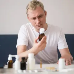 Mężczyzna zastanawia się nad interakcją ashwagandhy z alkoholem, trzymając w dłoni buteleczkę suplementu.