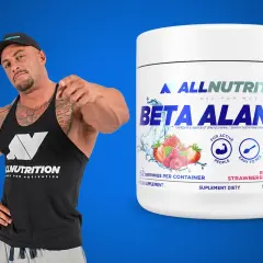 Kulturysta wskazuje na opakowanie Beta Alanine, suplementu diety, który co daje beta alanina? Zwiększa wytrzymałość i opóźnia zmęczenie.