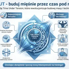 Grafika ilustruje trening TUT (Time Under Tension), podkreślając jego korzyści, takie jak potężna stymulacja mięśni i lepsze połączenie mózg-mięsień. Skupia się na świadomym budowaniu siły.