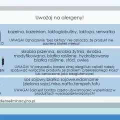 Informacje o alergenach: mleko, gluten (skrobia pszenna, żyto, owies - czym zastąpić gluten?), soja. Strona www.dietaeliminacyjna.pl.