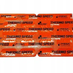 Opakowanie suplementu Olimp Thermo Speed Extreme. Pigułki w blistrze pomagają osiągnąć olimp extreme speed shot.