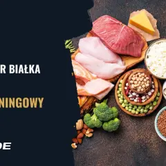 Kalkulator białka i plan treningowy. Różnorodne źródła białka: mięso, ryby, jajka, nabiał, rośliny strączkowe, płatki owsiane.