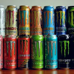 Rząd puszek napojów energetycznych Monster Energy. Różne smaki i warianty, w tym Ultra, Pipeline Punch, Zero Sugar, Lewis Hamilton, Nitro. Skład Monster Energy jest zróżnicowany.