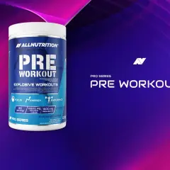 Pojemnik ALLNUTRITION PRE WORKOUT, jedna z najmocniejszych przedtreningówek, z hasłem "Explosive Workouts" i smakiem fruit punch.