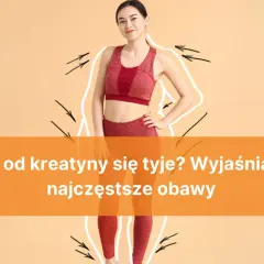 Kobieta w stroju sportowym, z obrysem sylwetki i strzałkami. Czy po kreatynie się tyje? Wyjaśniamy najczęstsze obawy.