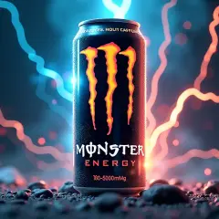 Puszka Monster Energy z płomieniami, sugerująca dużą dawkę kofeiny.