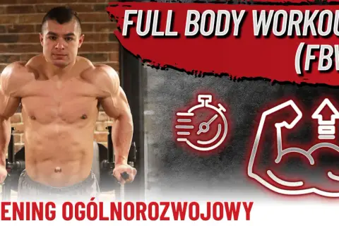 Mężczyzna ćwiczy, prezentując plan fbw 3 dniowy. Ikony stopera i bicepsu sugerują trening ogólnorozwojowy.