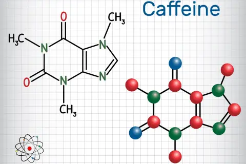 Struktura chemiczna kofeiny. Obliczenie ile kofeiny na kg masy jest kluczowe dla bezpiecznego spożycia.