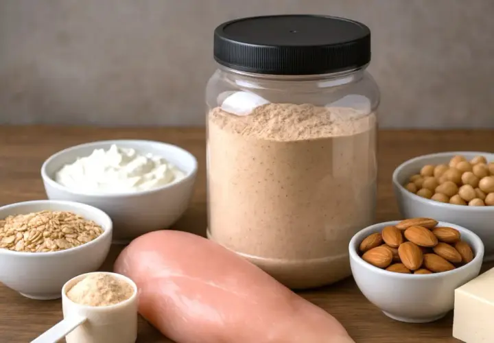 Słoik z proszkiem, jogurt, płatki owsiane, ciecierzyca, migdały, pierś kurczaka i tofu – naturalne źródła białka, co zamiast odżywki białkowej.