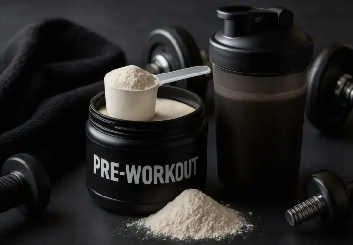 Pojemnik z napisem "PRE-WORKOUT", miarka proszku i shaker. Uważaj na przedtreningówka skutki uboczne, by trening był bezpieczny.