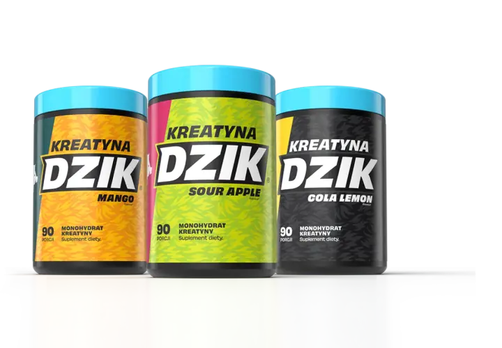Trzy opakowania kreatyny "Dzik" o smakach mango, kwaśnego jabłka i cola lemon. Suplementy na siłę dla sportowców.