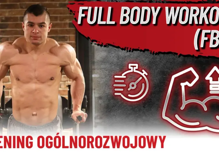 Mężczyzna ćwiczy, prezentując plan fbw 3 dniowy. Ikony stopera i bicepsu sugerują trening ogólnorozwojowy.