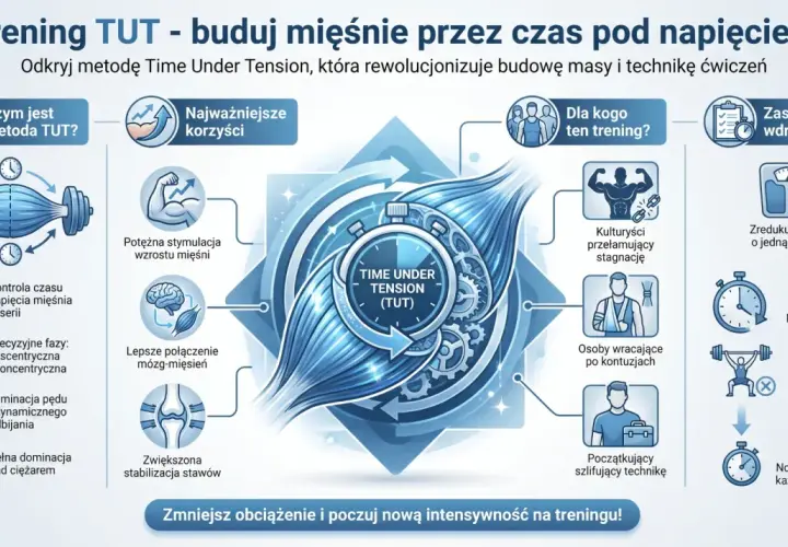 Grafika ilustruje trening TUT (Time Under Tension), podkreślając jego korzyści, takie jak potężna stymulacja mięśni i lepsze połączenie mózg-mięsień. Skupia się na świadomym budowaniu siły.