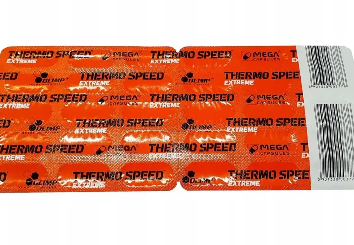 Opakowanie suplementu Olimp Thermo Speed Extreme. Pigułki w blistrze pomagają osiągnąć olimp extreme speed shot.