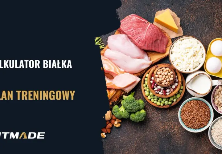Kalkulator białka i plan treningowy. Różnorodne źródła białka: mięso, ryby, jajka, nabiał, rośliny strączkowe, płatki owsiane.