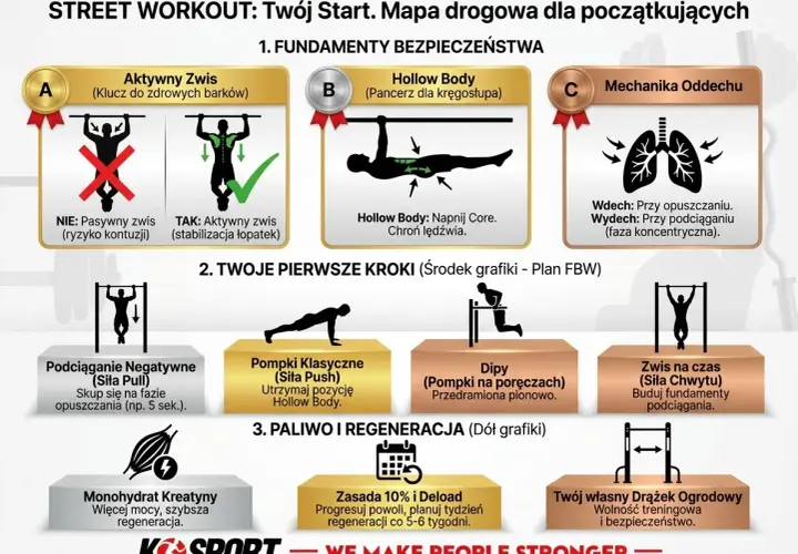 Plany treningowe dla początkujących: nauka zwisu aktywnego, hollow body, oddechu, podciągania negatywne, pompki, dipy, zwis na czas.