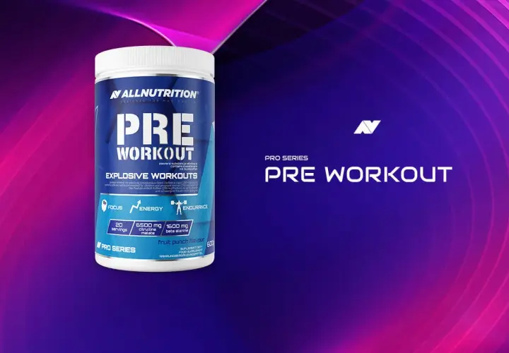 Pojemnik ALLNUTRITION PRE WORKOUT, jedna z najmocniejszych przedtreningówek, z hasłem "Explosive Workouts" i smakiem fruit punch.