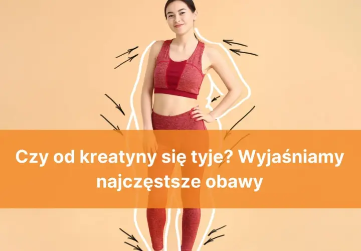 Kobieta w stroju sportowym, z obrysem sylwetki i strzałkami. Czy po kreatynie się tyje? Wyjaśniamy najczęstsze obawy.