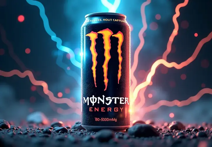 Puszka Monster Energy z płomieniami, sugerująca dużą dawkę kofeiny.
