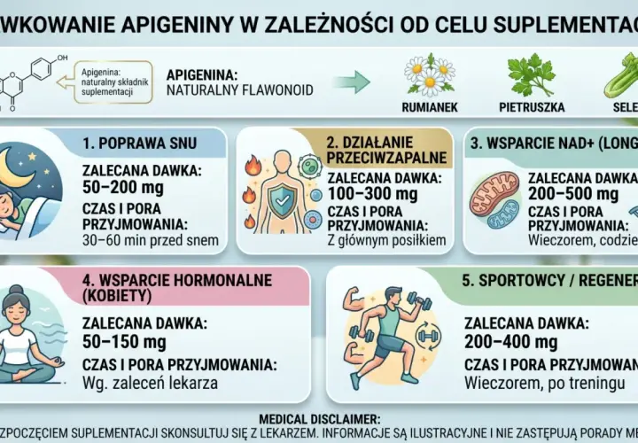 Apigenina właściwości: poprawa snu, działanie przeciwzapalne, wsparcie NAD+, hormonalne i regeneracja. Dawkowanie zależy od celu.
