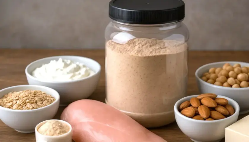 Słoik z proszkiem, jogurt, płatki owsiane, ciecierzyca, migdały, pierś kurczaka i tofu – naturalne źródła białka, co zamiast odżywki białkowej.