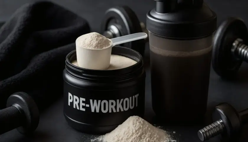 Pojemnik z napisem "PRE-WORKOUT", miarka proszku i shaker. Uważaj na przedtreningówka skutki uboczne, by trening był bezpieczny.