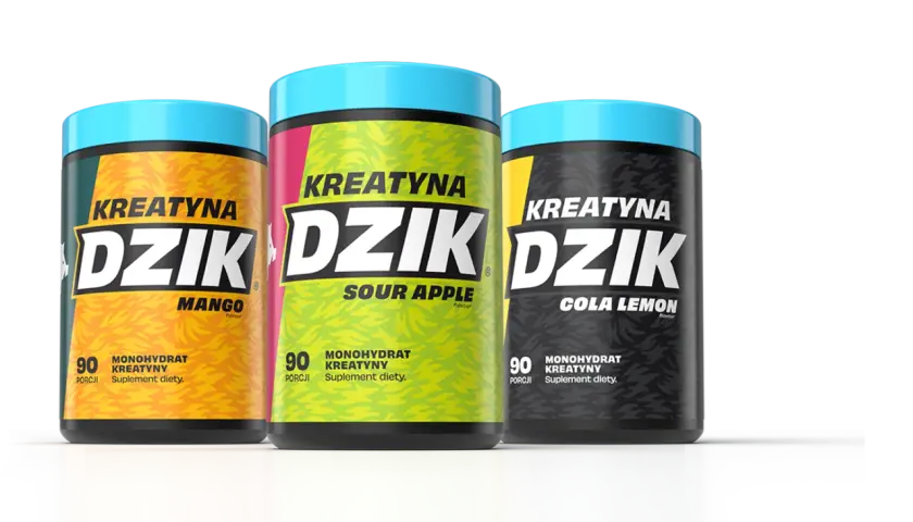 Trzy opakowania kreatyny "Dzik" o smakach mango, kwaśnego jabłka i cola lemon. Suplementy na siłę dla sportowców.