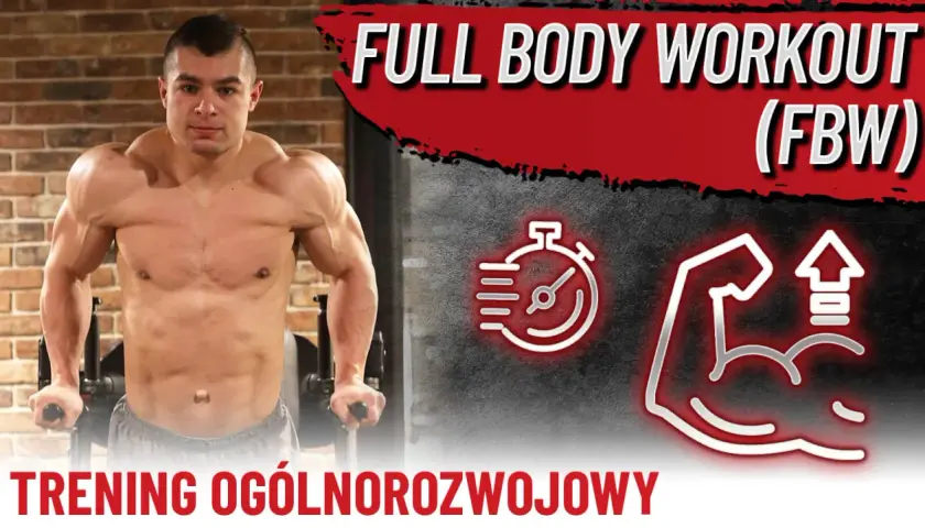 Mężczyzna ćwiczy, prezentując plan fbw 3 dniowy. Ikony stopera i bicepsu sugerują trening ogólnorozwojowy.