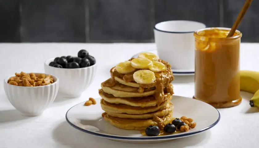 Pancakes z bananem i masłem orzechowym, idealne przepisy z białkiem w proszku. Obok miseczki z borówkami i orzeszkami.
