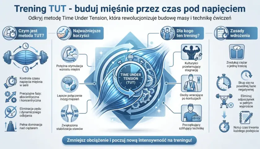 Grafika ilustruje trening TUT (Time Under Tension), podkreślając jego korzyści, takie jak potężna stymulacja mięśni i lepsze połączenie mózg-mięsień. Skupia się na świadomym budowaniu siły.