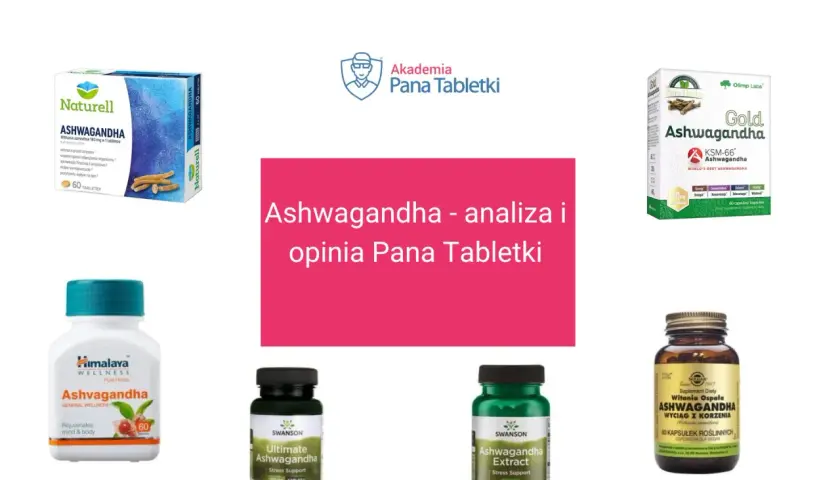 Różne suplementy z ashwagandhą, odzwierciedlające badania nad jej wpływem na stres i samopoczucie.