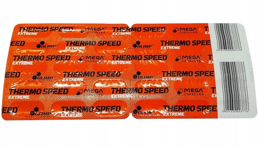 Opakowanie suplementu Olimp Thermo Speed Extreme. Pigułki w blistrze pomagają osiągnąć olimp extreme speed shot.