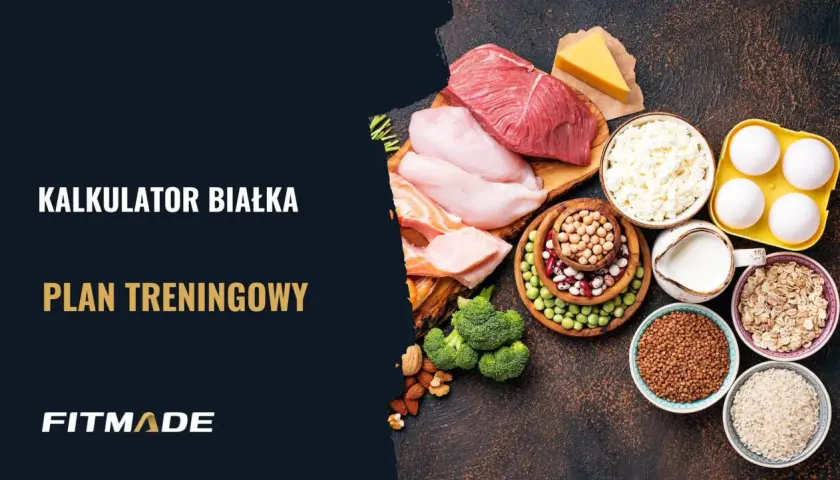 Kalkulator białka i plan treningowy. Różnorodne źródła białka: mięso, ryby, jajka, nabiał, rośliny strączkowe, płatki owsiane.
