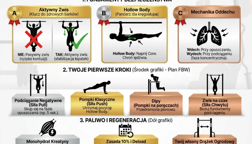 Plany treningowe dla początkujących: nauka zwisu aktywnego, hollow body, oddechu, podciągania negatywne, pompki, dipy, zwis na czas.