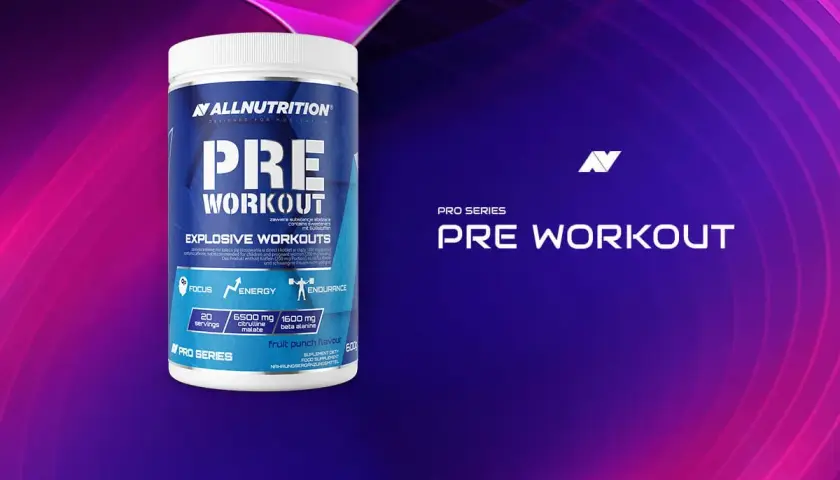 Pojemnik ALLNUTRITION PRE WORKOUT, jedna z najmocniejszych przedtreningówek, z hasłem "Explosive Workouts" i smakiem fruit punch.