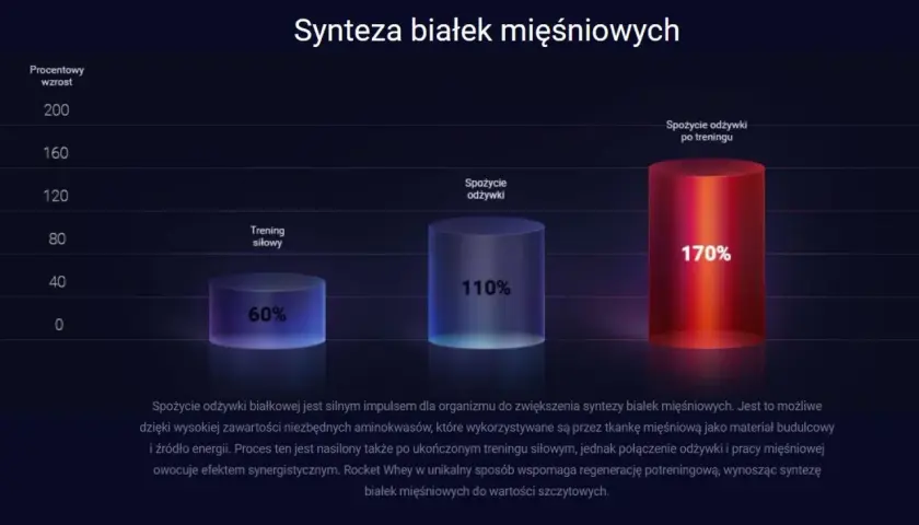Wykres porównuje rodzaje odżywek białkowych: trening siłowy (60%), spożycie odżywki (110%) i spożycie odżywki po treningu (170%).