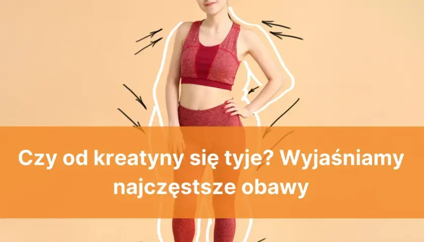 Kobieta w stroju sportowym, z obrysem sylwetki i strzałkami. Czy po kreatynie się tyje? Wyjaśniamy najczęstsze obawy.
