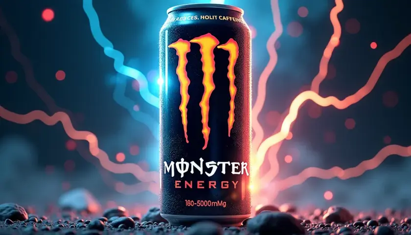 Puszka Monster Energy z płomieniami, sugerująca dużą dawkę kofeiny.