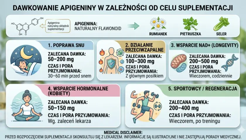 Apigenina właściwości: poprawa snu, działanie przeciwzapalne, wsparcie NAD+, hormonalne i regeneracja. Dawkowanie zależy od celu.