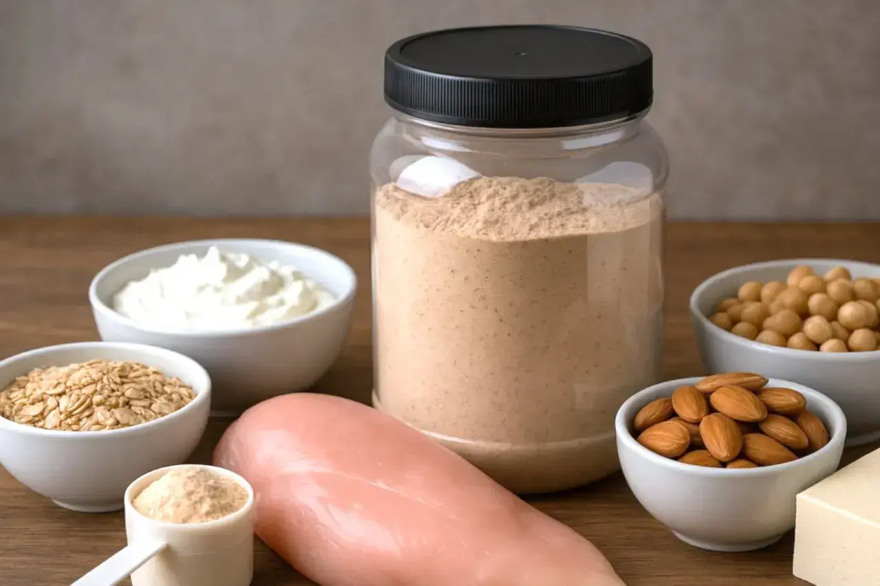 Słoik z proszkiem, jogurt, płatki owsiane, ciecierzyca, migdały, pierś kurczaka i tofu – naturalne źródła białka, co zamiast odżywki białkowej.