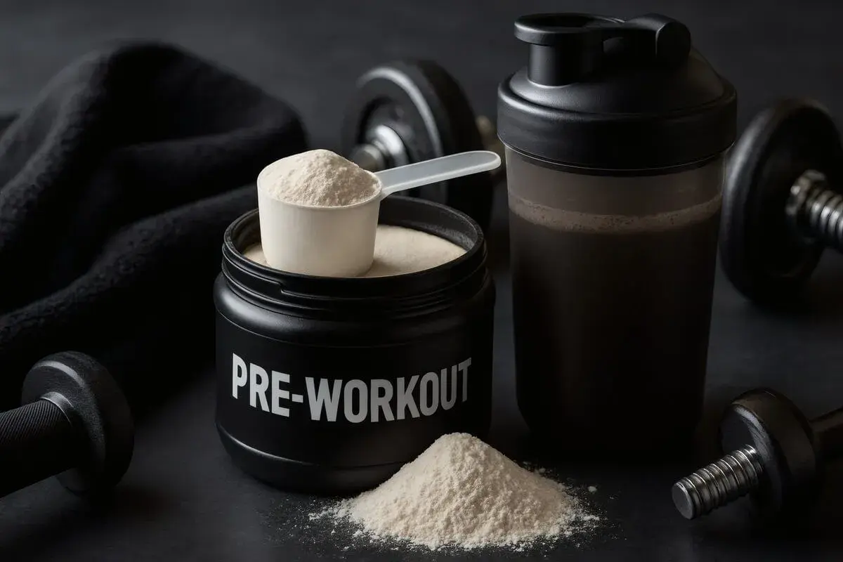 Pojemnik z napisem "PRE-WORKOUT", miarka proszku i shaker. Uważaj na przedtreningówka skutki uboczne, by trening był bezpieczny.