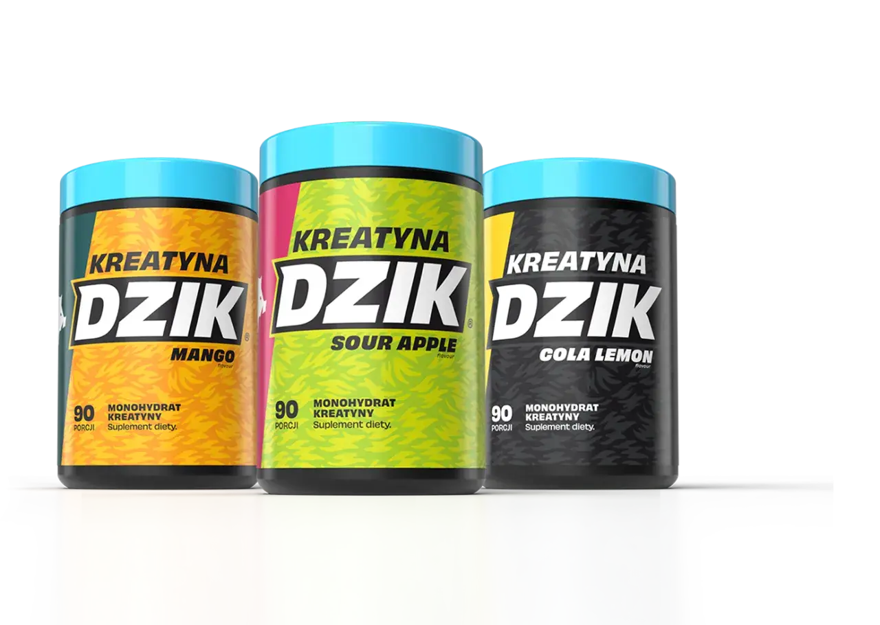 Trzy opakowania kreatyny "Dzik" o smakach mango, kwaśnego jabłka i cola lemon. Suplementy na siłę dla sportowców.