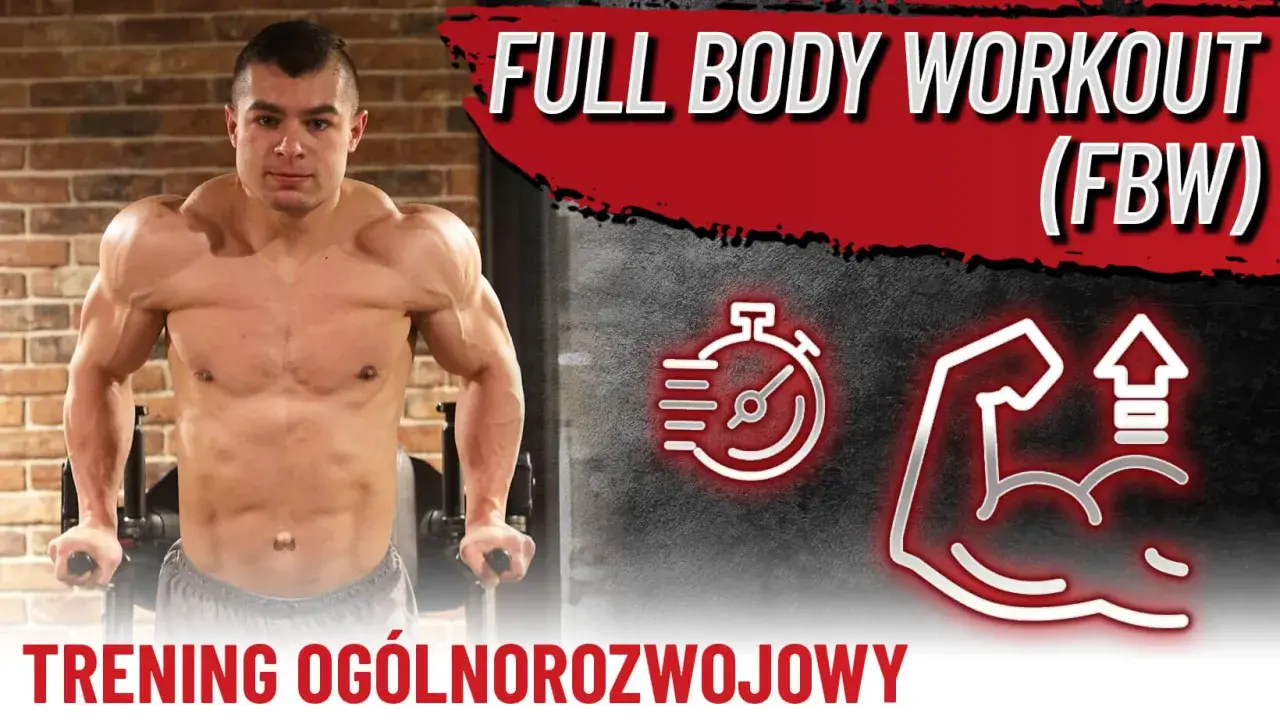 Mężczyzna ćwiczy, prezentując plan fbw 3 dniowy. Ikony stopera i bicepsu sugerują trening ogólnorozwojowy.