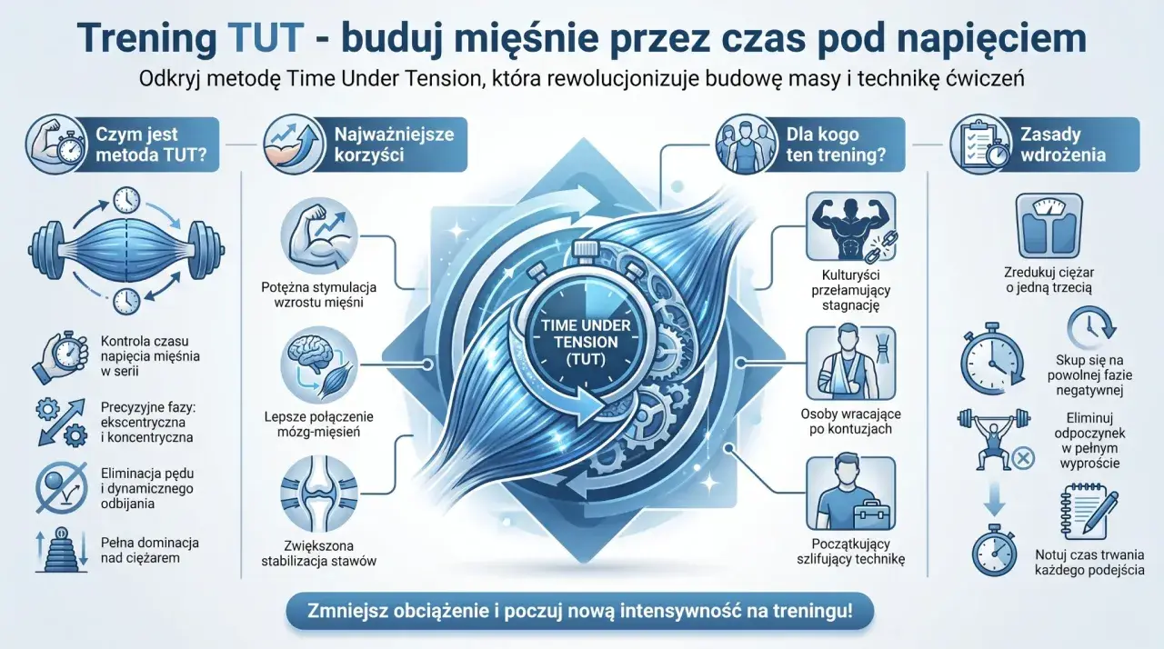 Grafika ilustruje trening TUT (Time Under Tension), podkreślając jego korzyści, takie jak potężna stymulacja mięśni i lepsze połączenie mózg-mięsień. Skupia się na świadomym budowaniu siły.