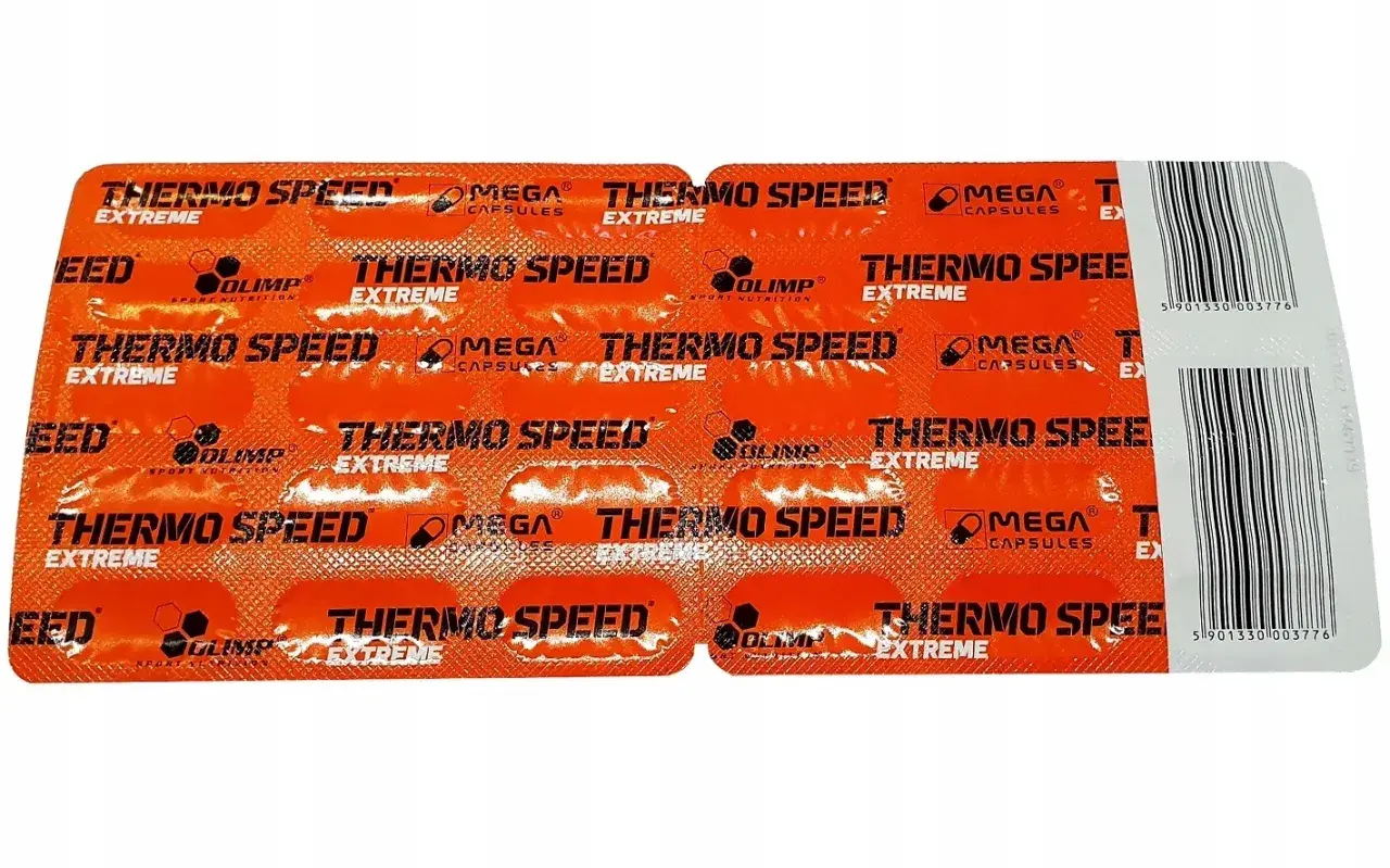 Opakowanie suplementu Olimp Thermo Speed Extreme. Pigułki w blistrze pomagają osiągnąć olimp extreme speed shot.