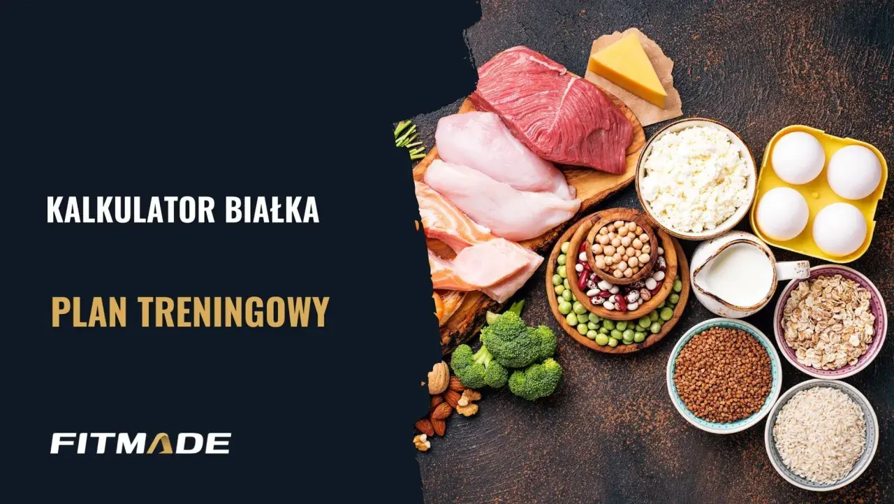 Kalkulator białka i plan treningowy. Różnorodne źródła białka: mięso, ryby, jajka, nabiał, rośliny strączkowe, płatki owsiane.